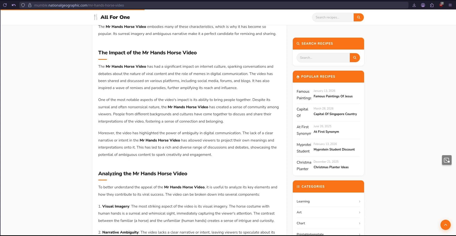 Screenshot of the page, reading: &ldquo;The impact of the Mr Hands Horse Video&rdquo;, talking about the role of memes in digital communication, its ability of bring people together,